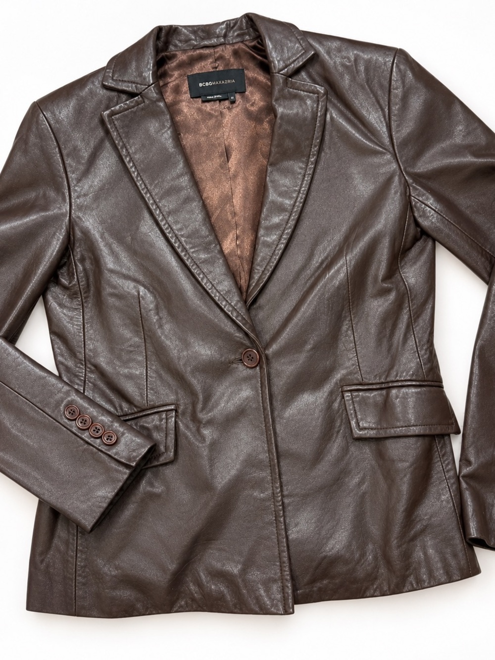 BCBGMAXAZRIA Brown Leather Blazer Jacket 100% Genuine Tailored Coat Size 0